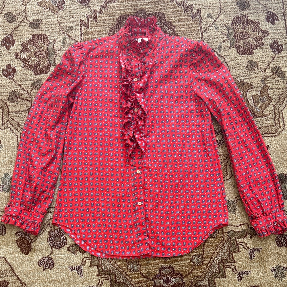 Vintage red paisley JG hook ruffle collar shirt